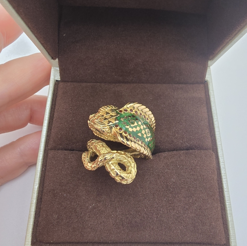 Vintage Alexis Bittar 18K Yellow Gold Polychromed Enamel & Ruby Cobra Ring - Picture 2 of 15